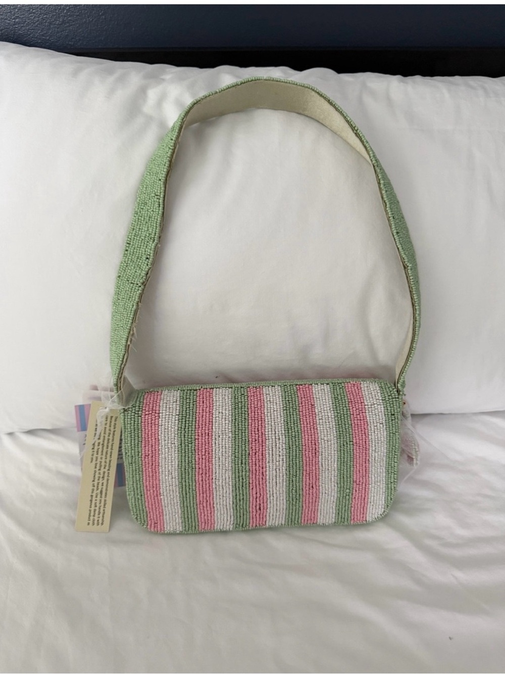 Striped Pastel Beaded Shoulder Bag - Green & Pink with Turtle Charm - Picture 2 of 2